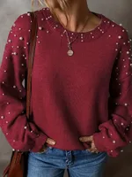 Women's Loose Beaded Round Neck Pullover Long Sleeve Sweater - Red