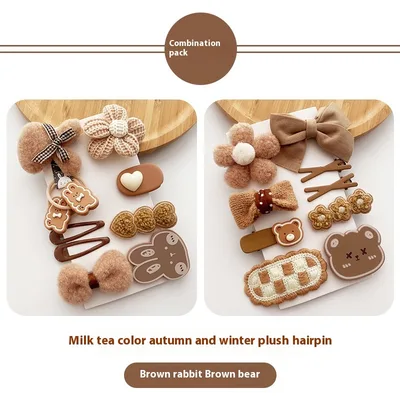 Korean Style All match Milk Tea Color Autumn And Winter Plush Cute Flowers Barrettes Brown Bow Girl's Heart Hairpin Brown Bear Brown Rabbit - Shop at LoveMi