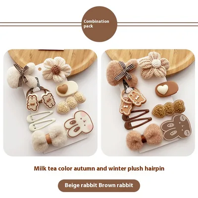 Korean Style All match Milk Tea Color Autumn And Winter Plush Cute Flowers Barrettes Brown Bow Girl's Heart Hairpin Brown Rabbit Beige Rabbit - Shop at LoveMi