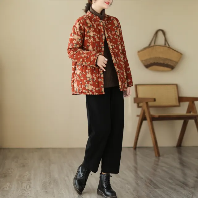 Floral Stand Collar Loose And Warm Cotton padded Coat Red - Shop at LoveMi