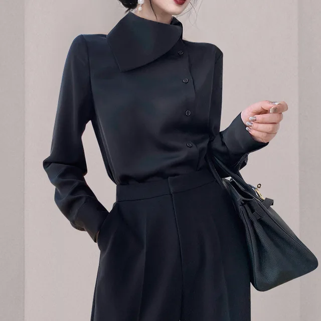 Satin Chic Shirt Women's Japanese French Style Black - Shop at LoveMi