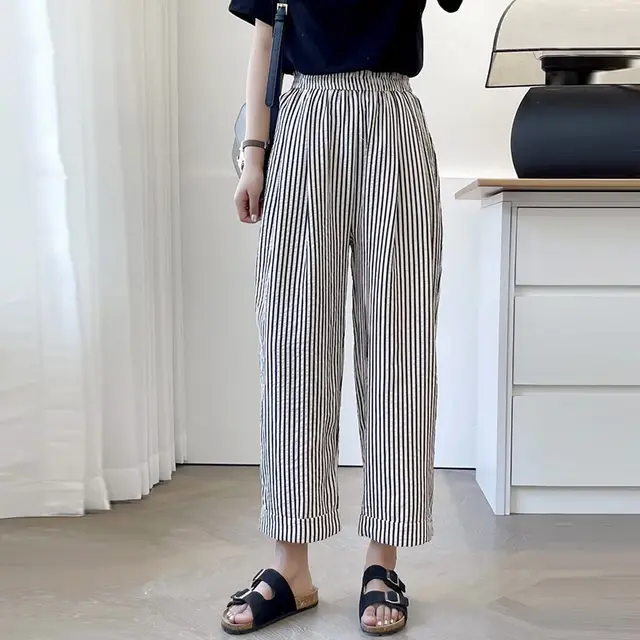 Elastic Waist Loose Vertical Stripes Casual Straight Pants Black Stripes - Shop at LoveMi