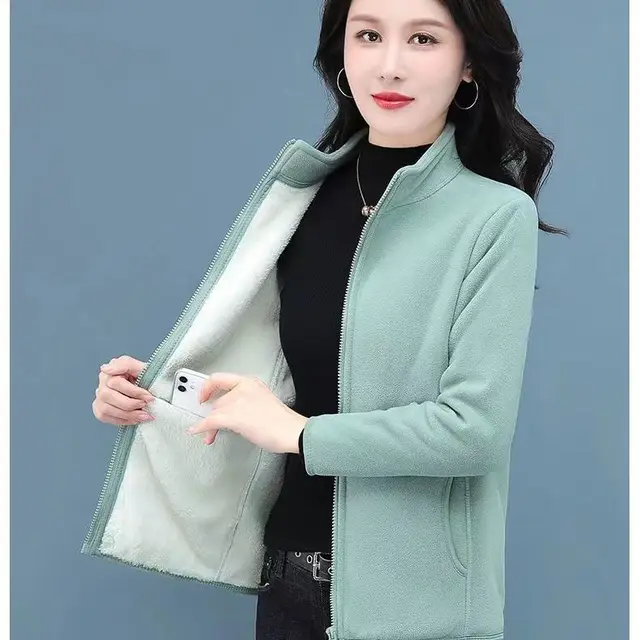 Women's Autumn And Winter Lamb Wool Stand Up Collar Cardigan Sweatshirt Light Green - Shop at LoveMi