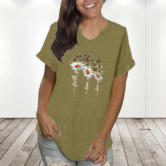 Round Neck Pleated Lace Personalized Printing Series Short Sleeve Army Green1083 - Shop at LoveMi