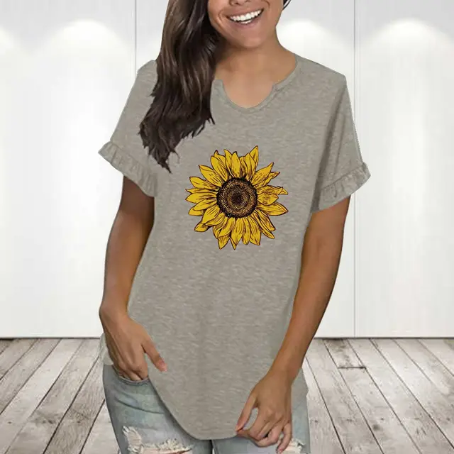 Round Neck Pleated Lace Personalized Printing Series Short Sleeve Gray 1082 - Shop at LoveMi