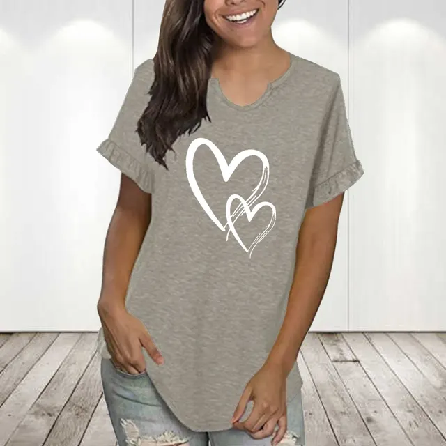 Round Neck Pleated Lace Personalized Printing Series Short Sleeve Gray1103 - Shop at LoveMi