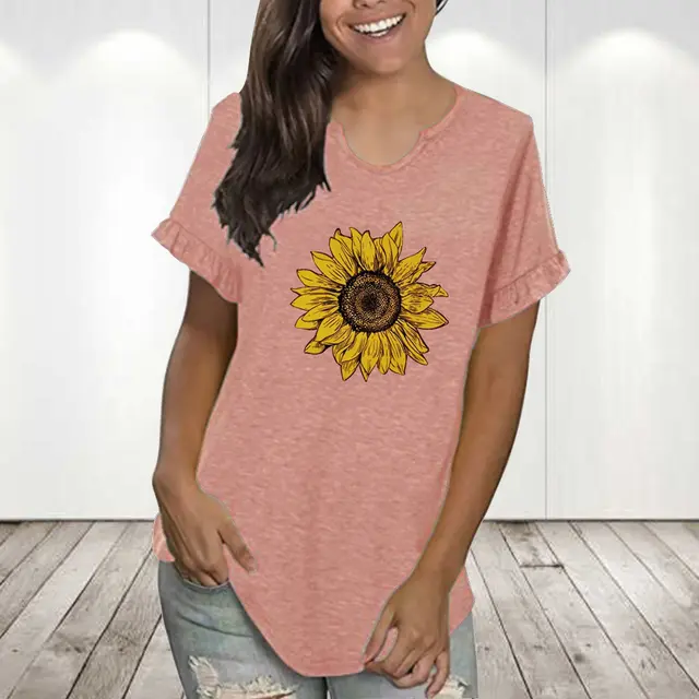 Round Neck Pleated Lace Personalized Printing Series Short Sleeve Pink1082 - Shop at LoveMi