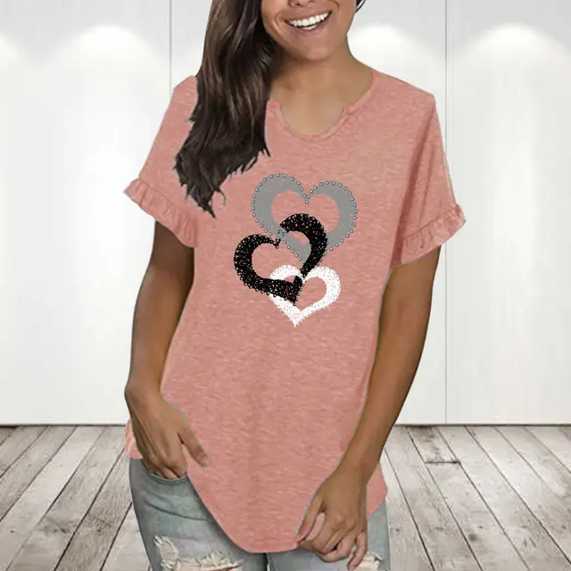 Round Neck Pleated Lace Personalized Printing Series Short Sleeve Pink1095 - Shop at LoveMi