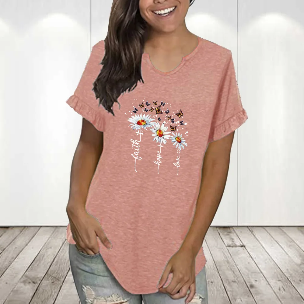 Round Neck Pleated Lace Personalised Printing Series Short Sleeve - Pink1105