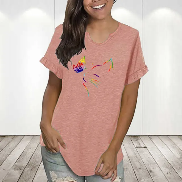 Round Neck Pleated Lace Personalized Printing Series Short Sleeve Pink1105 - Shop at LoveMi