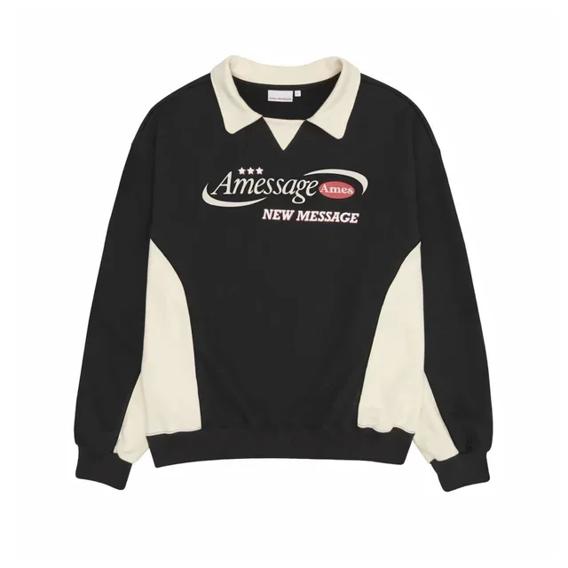 American Retro Jersey Stitching Lapel Couple Sweater Long Sleeve Black - Shop at LoveMi