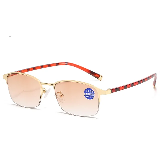 Fashion Anti blue Light Bifocal Presbyopic Glasses Men And Women Gold Frame Progressive Tea - Shop at LoveMi