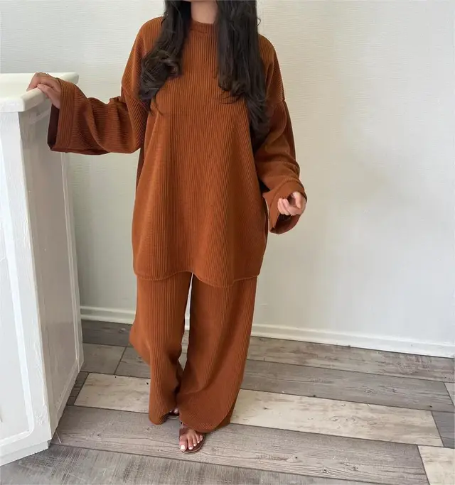 Corduroy Solid Color Round Neck Women's Long Sleeve Two piece Pants Chocolate - Shop at LoveMi