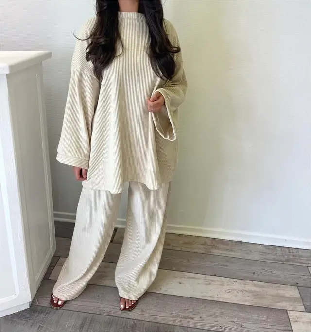 Corduroy Solid Color Round Neck Women's Long Sleeve Two piece Pants Milky White - Shop at LoveMi