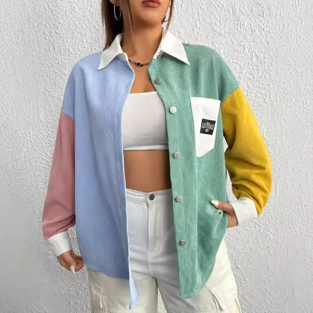 Corduroy Color Contrast Patchwork Loose Thin Versatile Casual Coat Cardigan Shirt Contrast Color - Shop at LoveMi