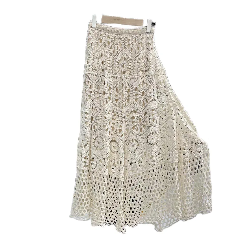 Lace Patchwork A Line Skirt Holiday Style Hollow out Midi Dress Beige - Shop at LoveMi