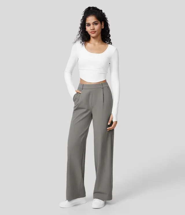 European And American High Waist Pocket Cropped Straight Pants Dark Gray - Shop at LoveMi