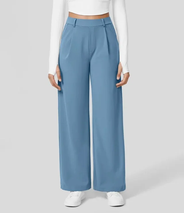 European And American High Waist Pocket Cropped Straight Pants Sky Blue - Shop at LoveMi