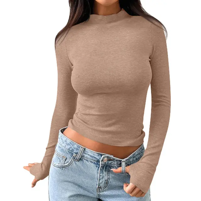 Women's Slim Fit Half high Collar Long Sleeves Thumb Hole T shirt Khaki - Shop at LoveMi