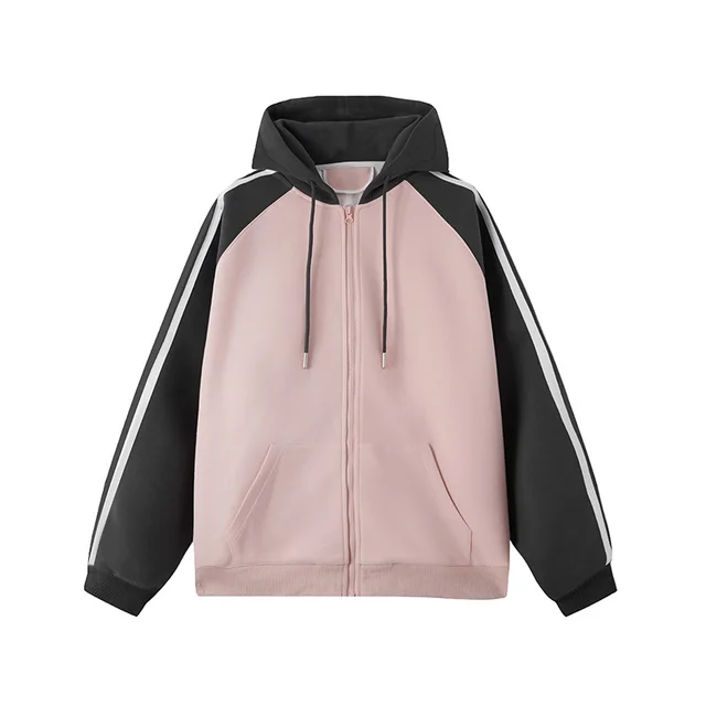 Autumn New Contrast Color Stripe Cardigan Baggy Coat Pink - Shop at LoveMi