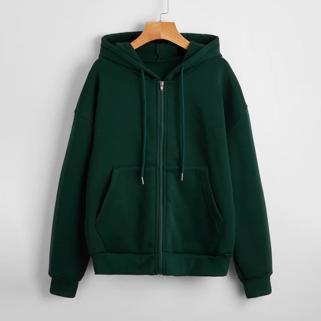 Sweater Women's Hooded Solid Color Zipper Loose Padded Coat Dark Green - Shop at LoveMi