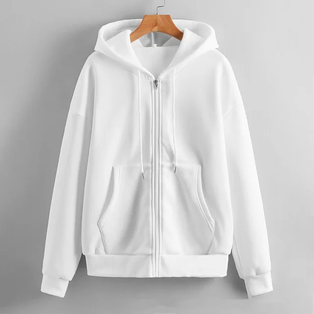 Sweater Women's Hooded Solid Color Zipper Loose Padded Coat White - Shop at LoveMi