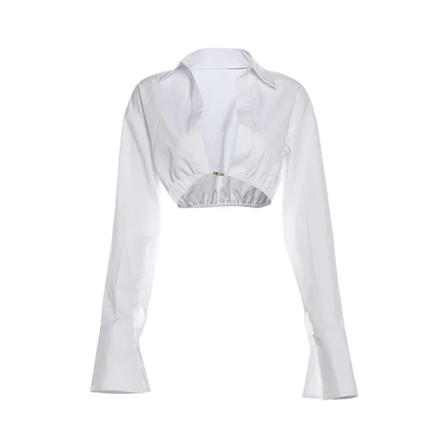 Short Cardigan Waist tight Solid Color Lapel Long Sleeve Shirt White - Shop at LoveMi