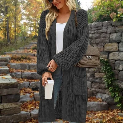 European And American Loose Lantern Sleeve Sweater Women's Cardigan Mid length Autumn And Winter Pocket Coat Dark Gray - Shop at LoveMi