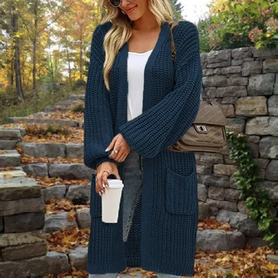 European And American Loose Lantern Sleeve Sweater Women's Cardigan Mid length Autumn And Winter Pocket Coat Navy - Shop at LoveMi
