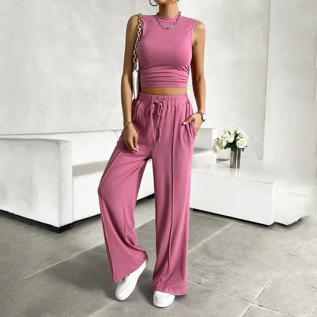 Urban Casual Solid Color Top Vest Pants Suit Rose Pink - Shop at LoveMi