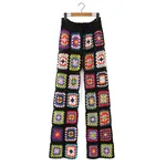 High Waist Colorful Flowers Pattern Handmade Crocheted Trousers - Black