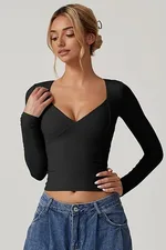Women's Long Sleeve V-neck Midriff-baring Top T-shirt - Black
