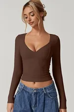 Women's Long Sleeve V-neck Midriff-baring Top T-shirt - Brown
