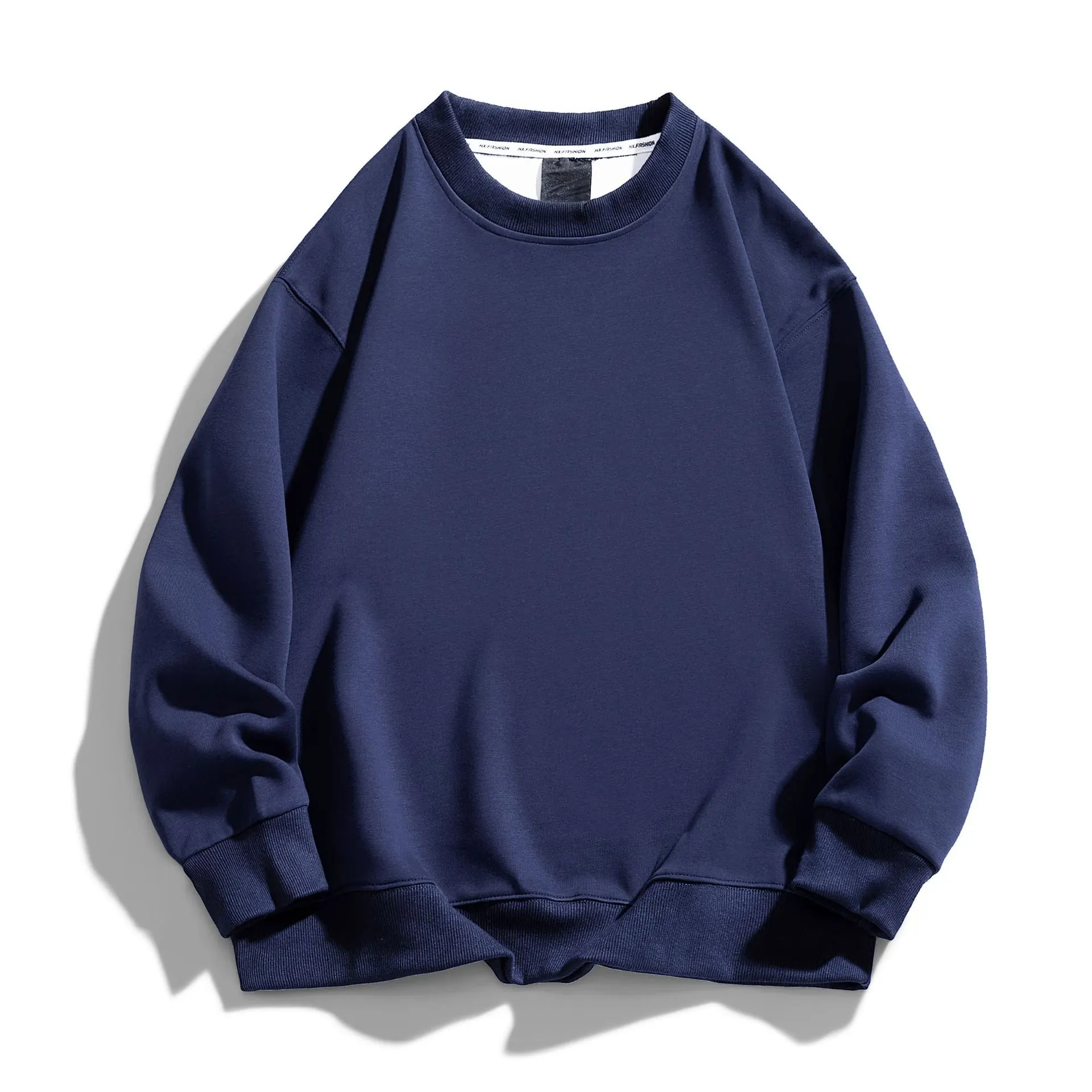 Solid Color Plus Size Round Neck Sweater Casual Pants Suit - Navy Blue Coat