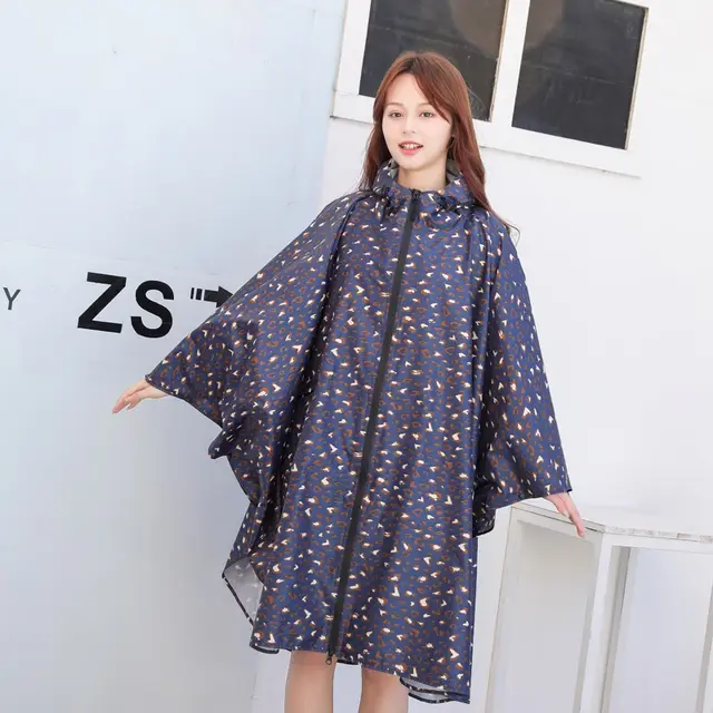 Japanese Cape style Raincoat Women's Long Hiking Fashion Light Cycling Dark Blue Leopard Print - Shop at LoveMi