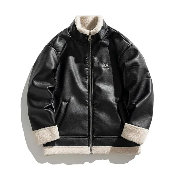 Lambswool PU Leather Thickened Warm Cotton Jacket Black - Shop at LoveMi