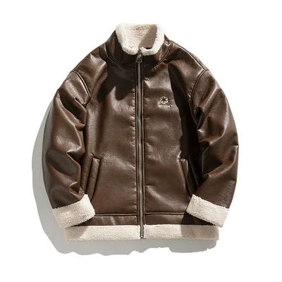 Lambswool PU Leather Thickened Warm Cotton Jacket Brown - Shop at LoveMi