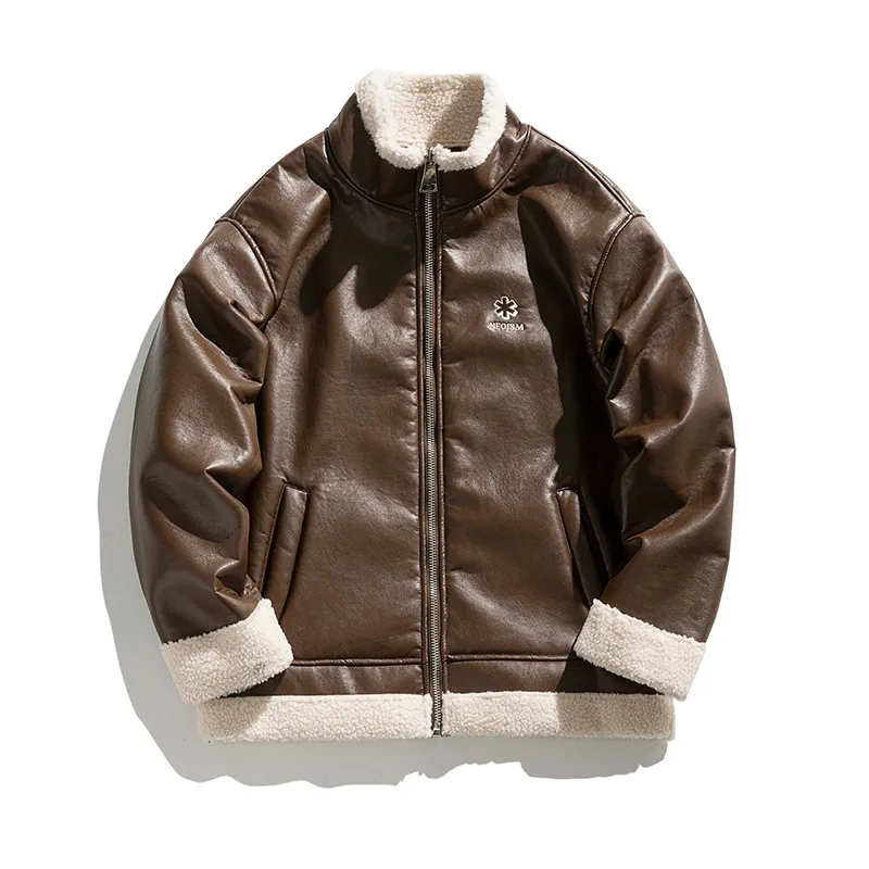 Lambswool PU Leather Thickened Warm Cotton Jacket - Brown
