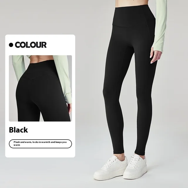 Fleece lined Yoga Pants Women's High Elastic Peach Hip Autumn And Winter Warm Black - Shop at LoveMi