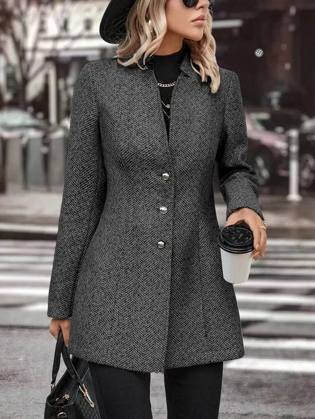 Long Sleeve Solid Color Stand Collar Button Trench Coat Fashion Women's Casual Woolen Coat Dark Gray - Shop at LoveMi