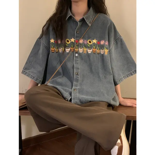 Vintage Embroidered Washed Distressed Short Sleeve Shirt Coat Blue - Shop at LoveMi