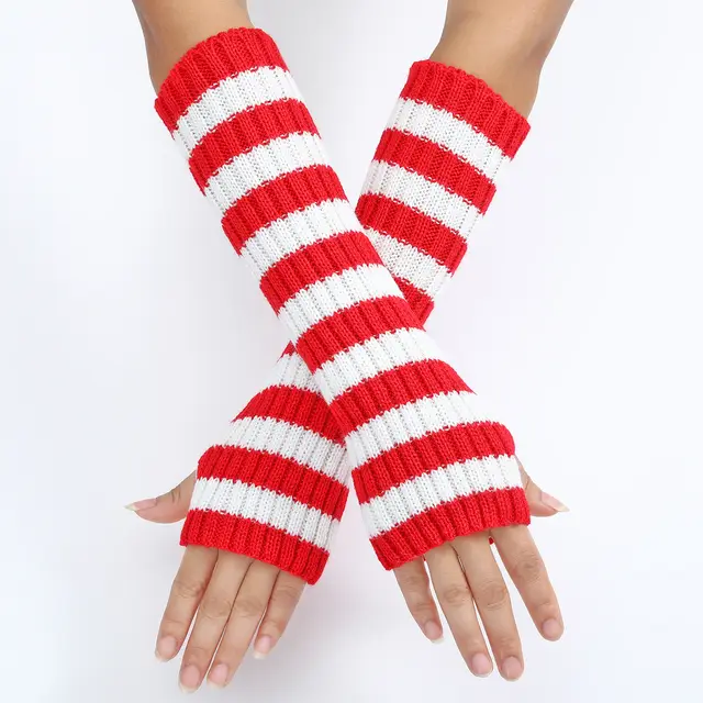 Warm Fashionable Knitted Long Mixed Color Stripe Knitting Wool Gloves Red And White - Shop at LoveMi