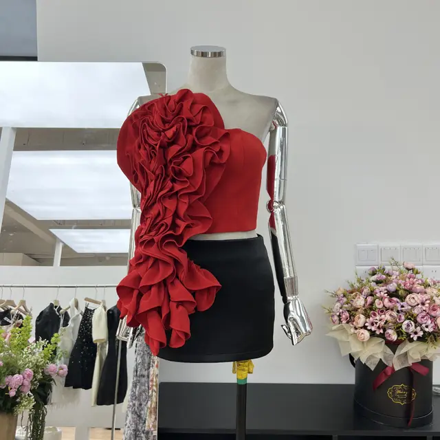 Street Shot Goddess Flower Ribbon One shoulder Vest Red - Shop at LoveMi