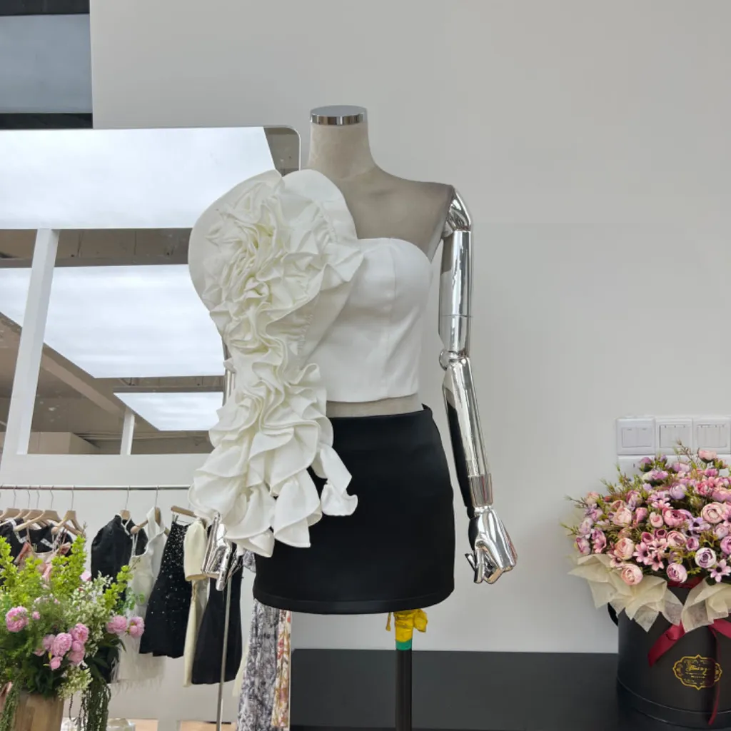 Street Shot Goddess Flower Ribbon One-shoulder Vest - White