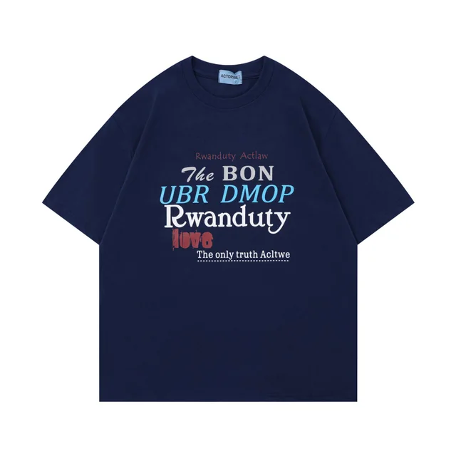 Retro Short Sleeve T shirt Women's Letter Printing Dark Blue - Shop at LoveMi