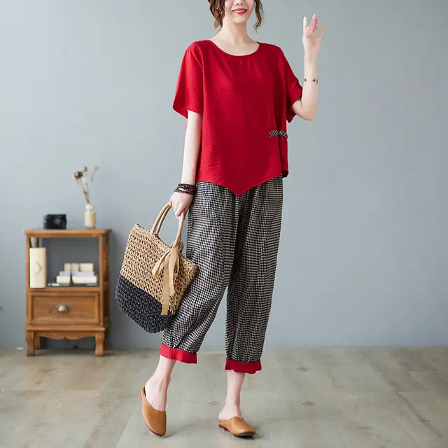 New Buckle Irregular Top Two piece Set For Women Red Plaid Pants - Shop at LoveMi