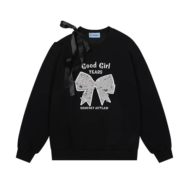 Loose Round Neck Print Sweater For Women Black - Shop at LoveMi