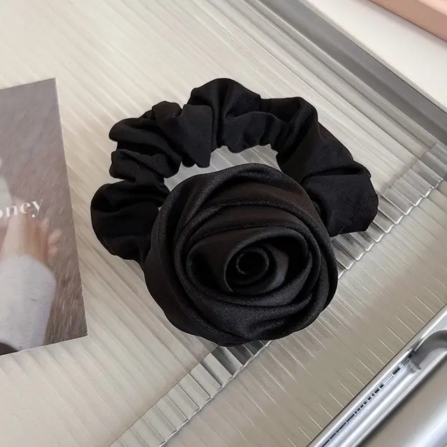 Handmade Satin Rose Hair Ring Headdress High Elasticity 23921E Black Flowers - Shop at LoveMi