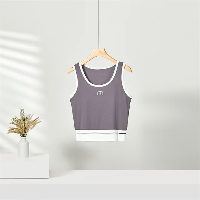 U neck Camisole Contrast Color Slim Fit Bodybuilding All match Smoky Gray - Shop at LoveMi