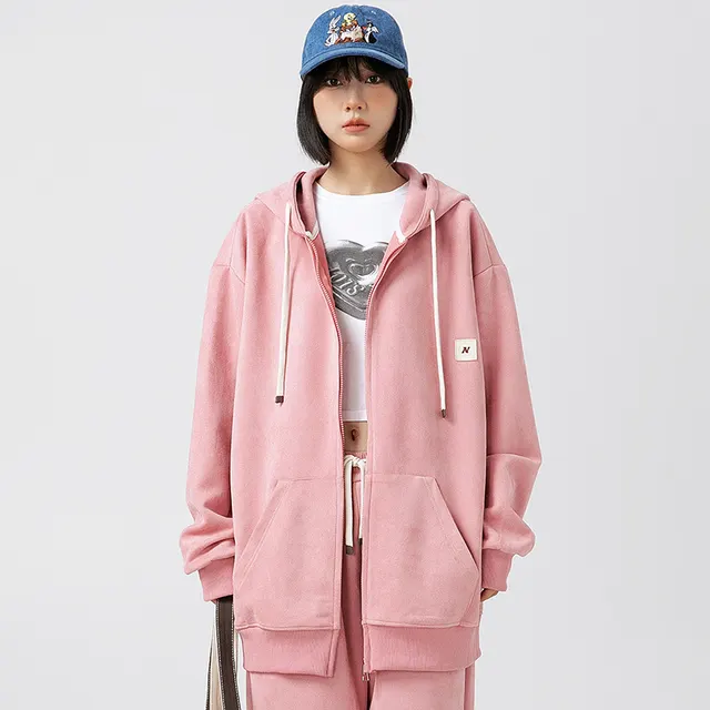 Solid Color Cardigan Hoodie Couple's Tops Coat Loose Casual Long Sleeves Top Pink - Shop at LoveMi